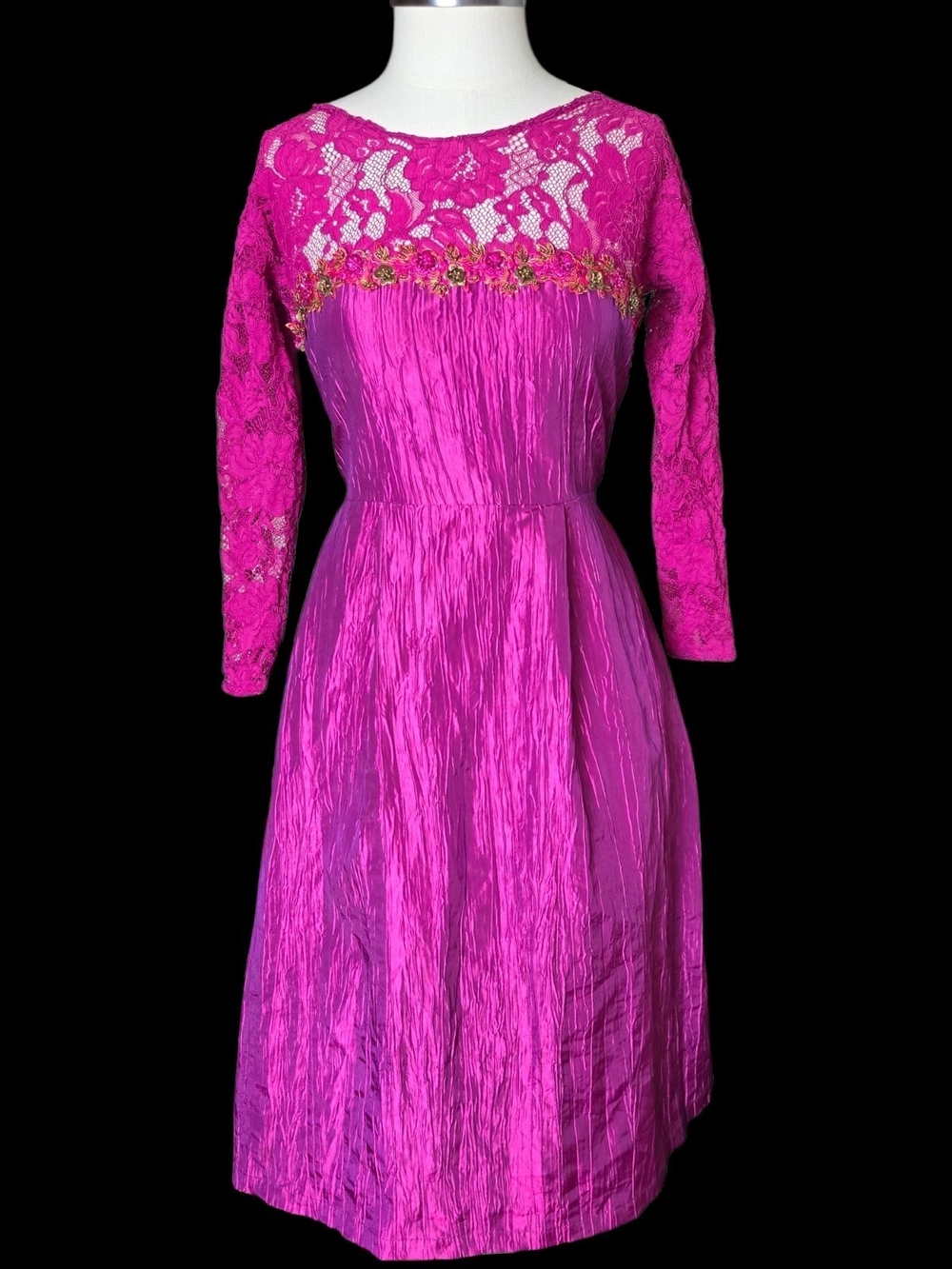 Fuchsia Lace Yoke Long Sleeve Crinkle Satin Dress